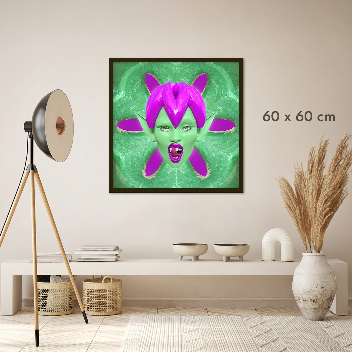 Canvas print mockup of 3D artwork featuring Saila character by Paz Valdebenito, aka Sohampaz.
